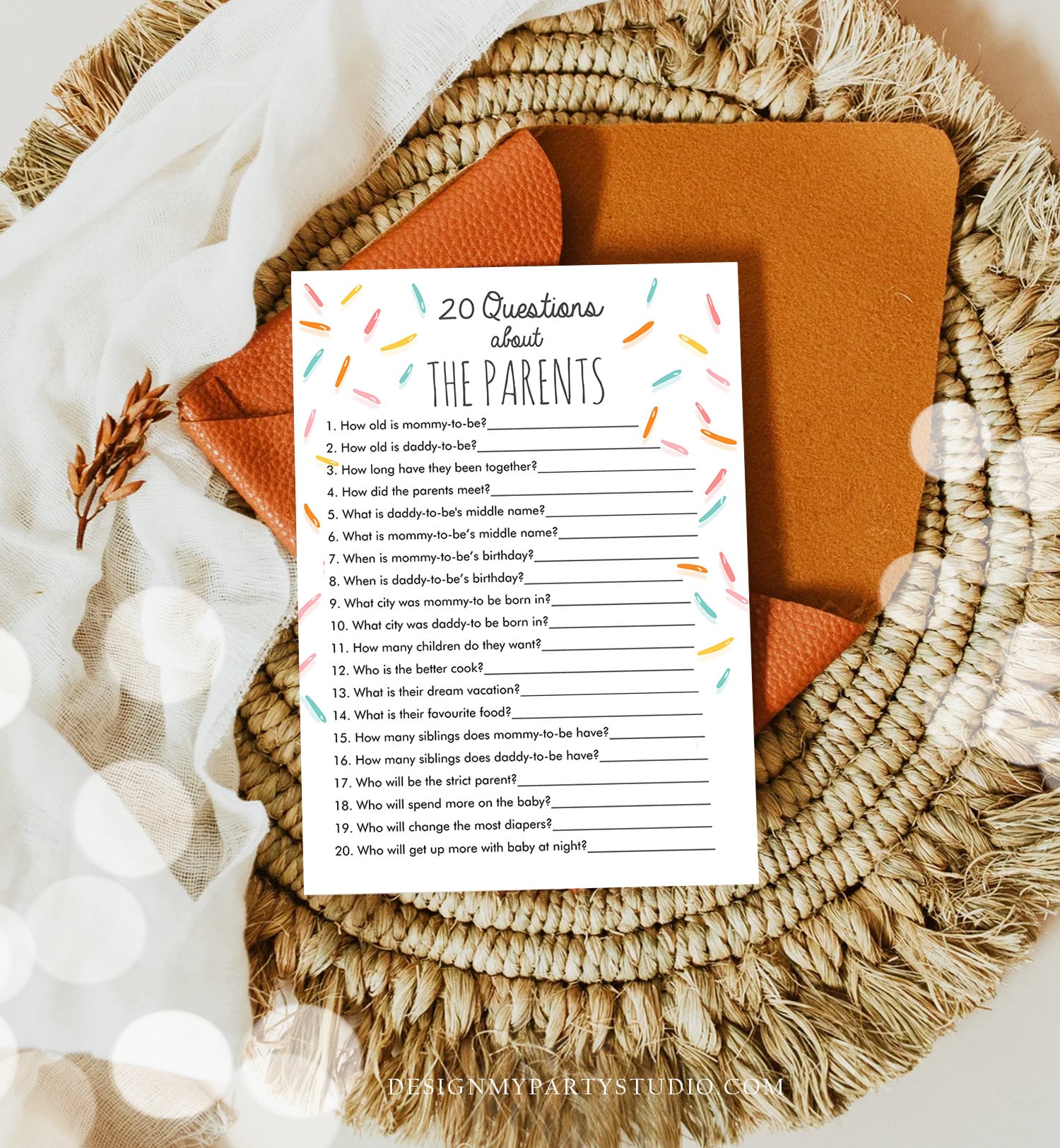 Editable 20 Questions About the Parents Baby Sprinkle Game Baby Shower Gender Neutral Sprinkles Rainbow Corjl Template Printable 0216