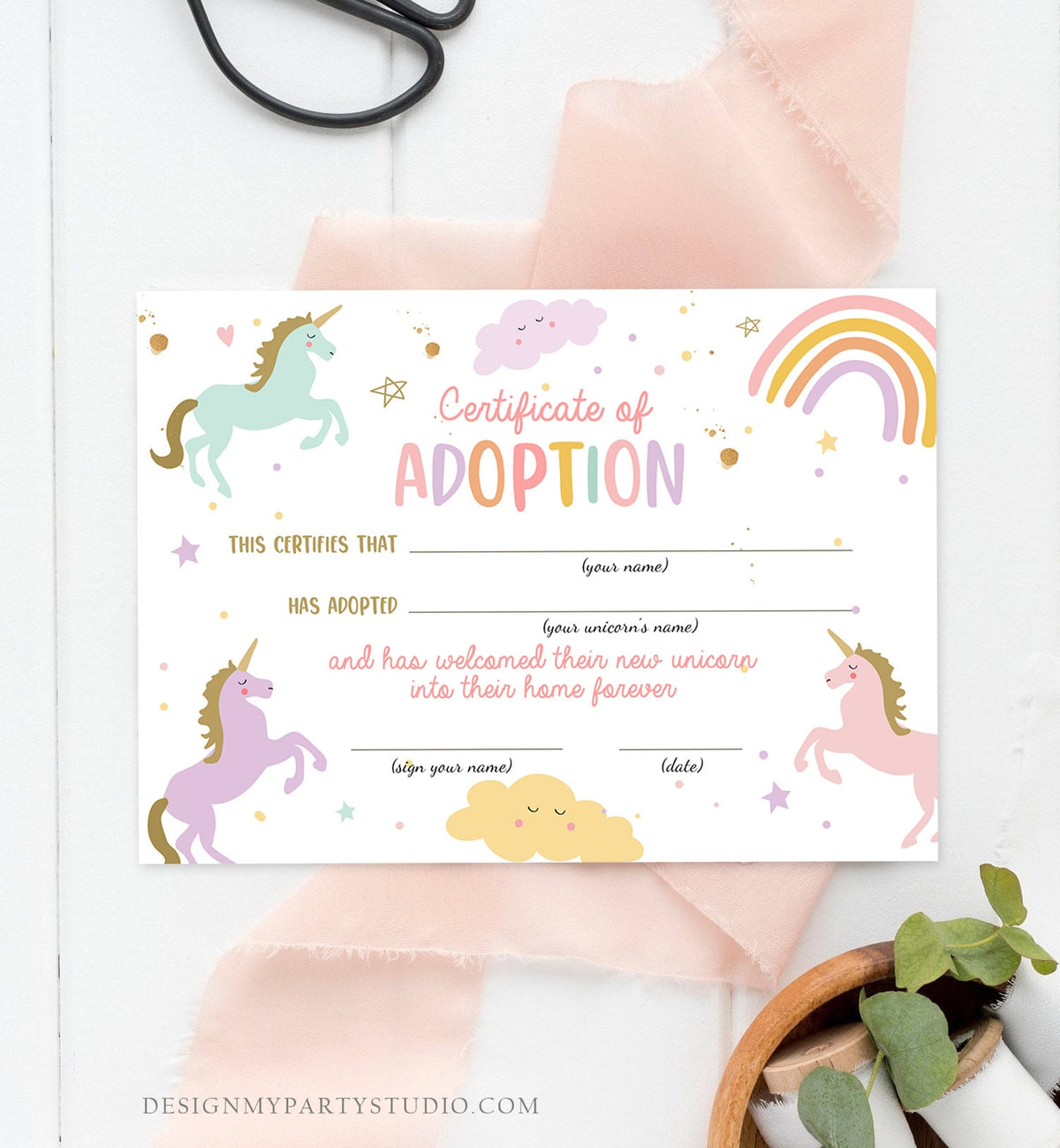Adopt a Unicorn Certificate Unicorn Adoption Unicorn Birthday Party Magical Birthday Rainbow Girl Instant Download Digital Printable 0426