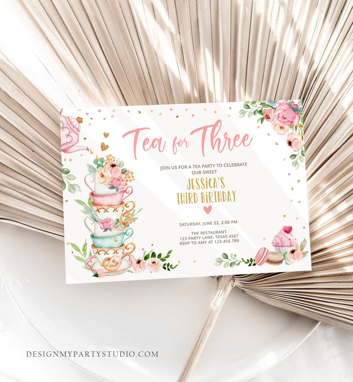 Editable Tea for Three Birthday Invitation Girl Tea Party Invite Pink Gold Floral Peach Third Birthday 3rd Corjl Template Printable 0349
