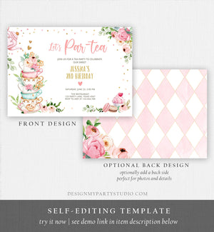 Editable Tea Party Birthday Invitation Girl Par-Tea Invite Floral Pink Gold Whimsical Tea Download Printable Template Corjl Digital 0349