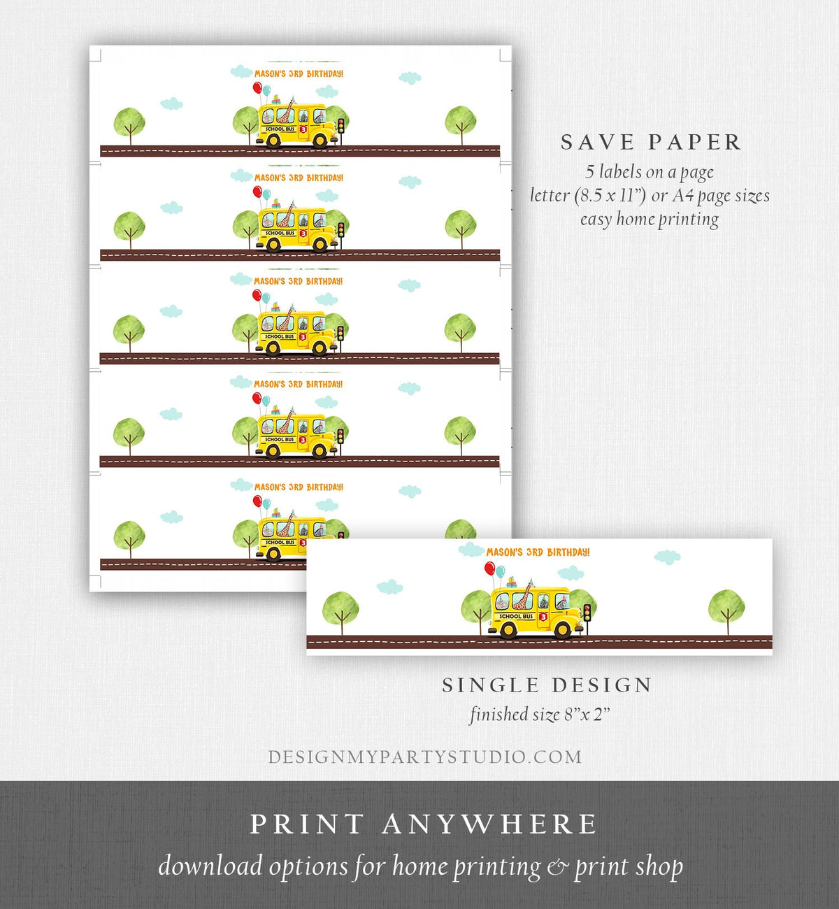 Editable School Bus Water Bottle Labels Wheels on The Bus Decor Bus Birthday Favor Labels Bus Party Instant Printable Template Corjl 0325