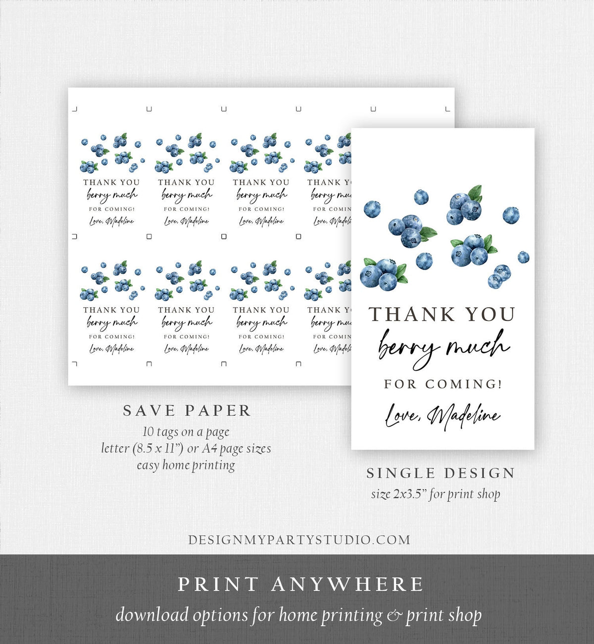 Editable Blueberry Favor Tags Berry First Birthday Blueberries Thank You Label Berry Much Tags Berry Sweet Template PRINTABLE Corjl 0399
