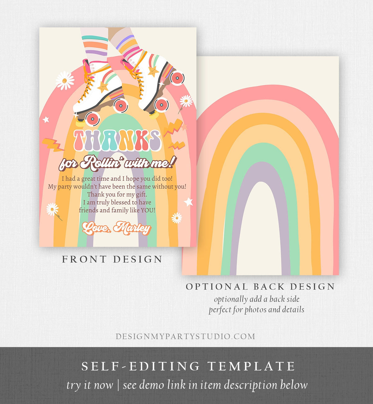 Editable Retro Roller Skate Birthday Thank You Card Let&#39;s Roll Skating Kids Rainbow 70&#39;s Skate Thanks Download Template Corjl Digital 0435