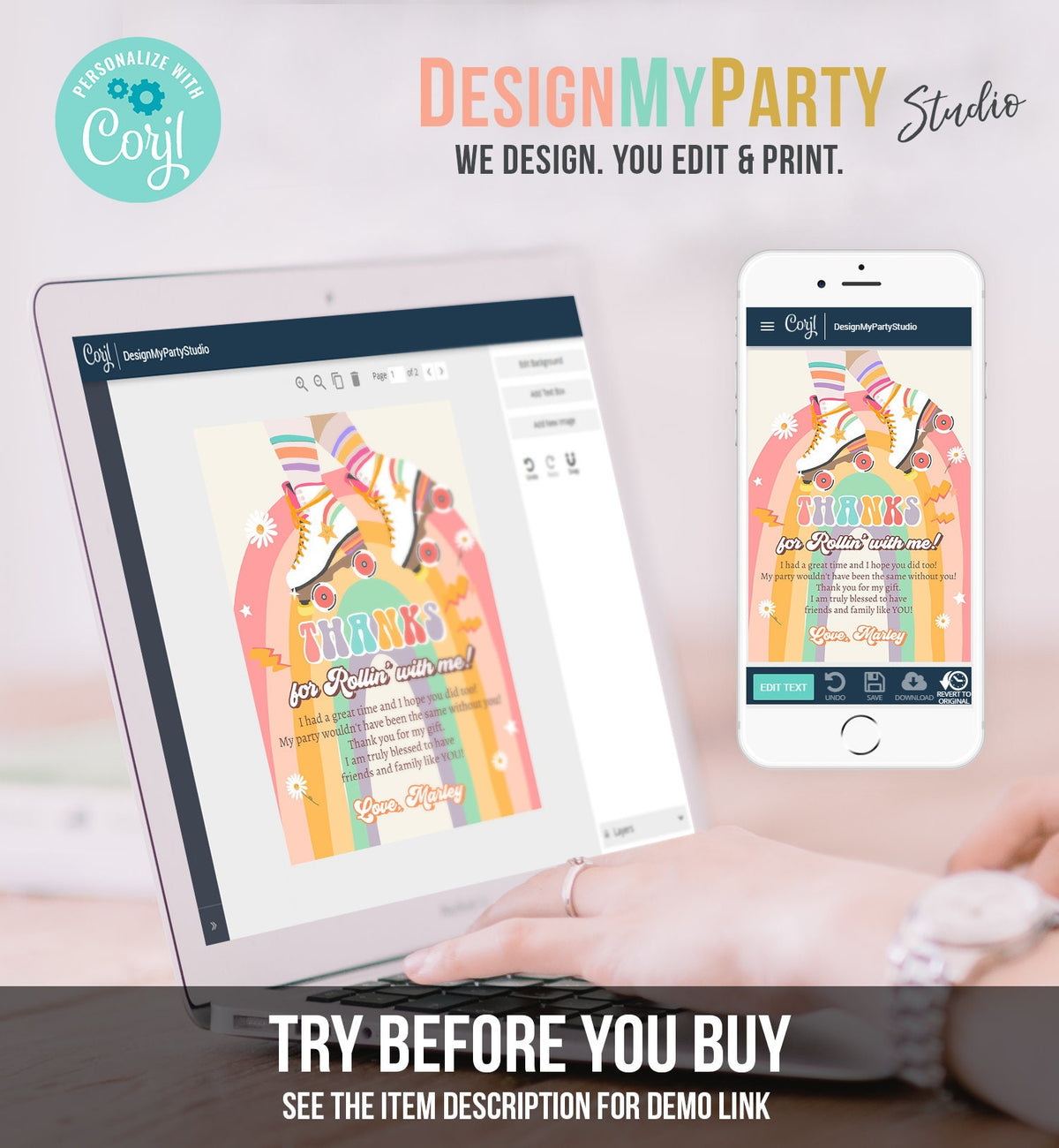 Editable Retro Roller Skate Birthday Thank You Card Let&#39;s Roll Skating Kids Rainbow 70&#39;s Skate Thanks Download Template Corjl Digital 0435