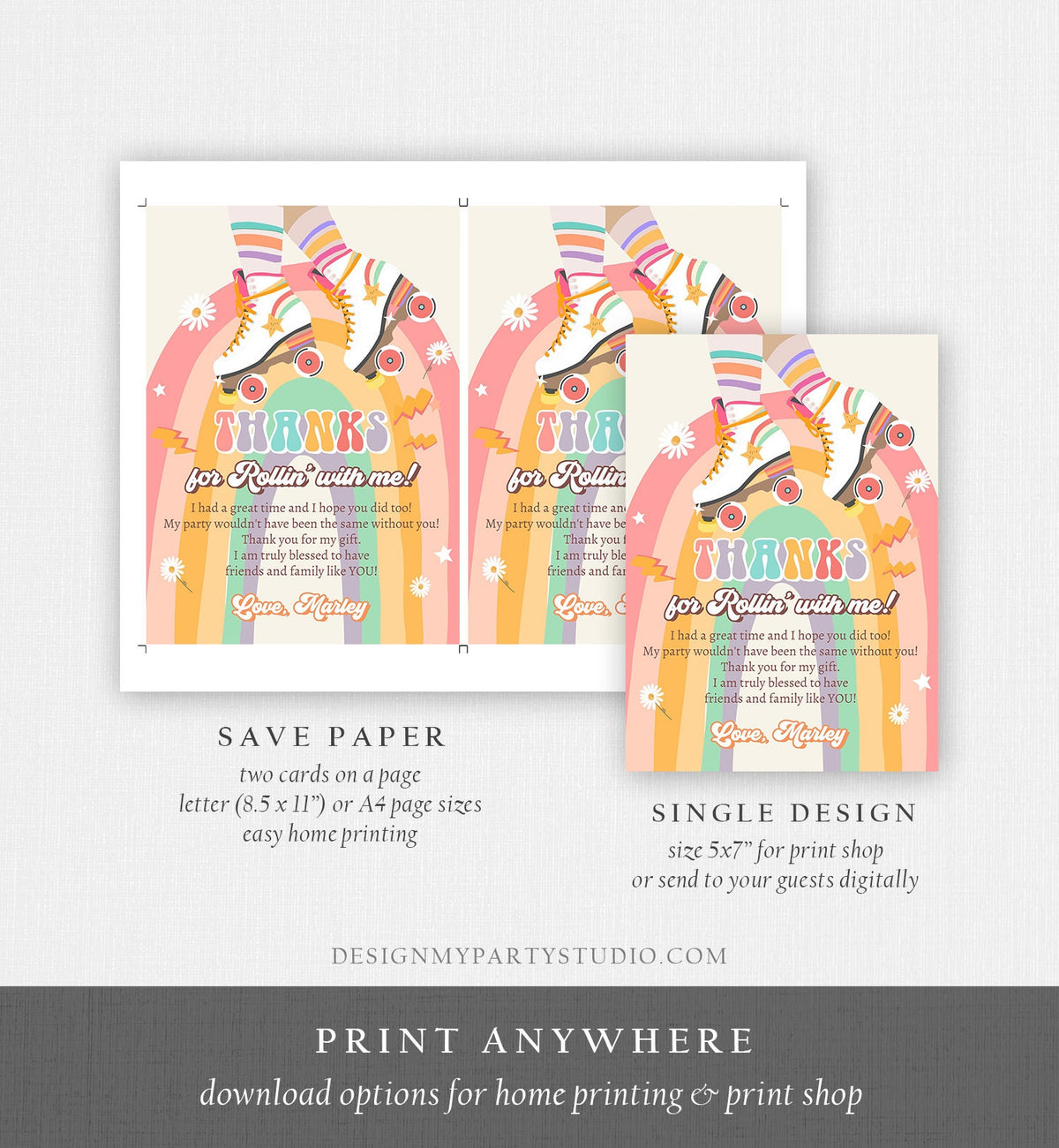 Editable Retro Roller Skate Birthday Thank You Card Let&#39;s Roll Skating Kids Rainbow 70&#39;s Skate Thanks Download Template Corjl Digital 0435