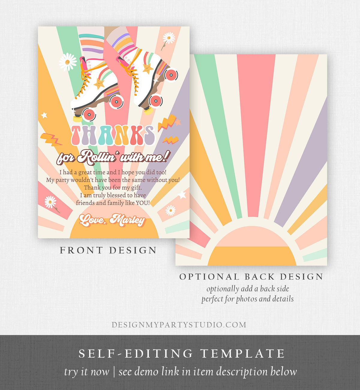 Editable Retro Roller Skate Birthday Thank You Card Let&#39;s Roll Skating Rainbow 70&#39;s Skate Thanks Download Corjl Template Printable 0435