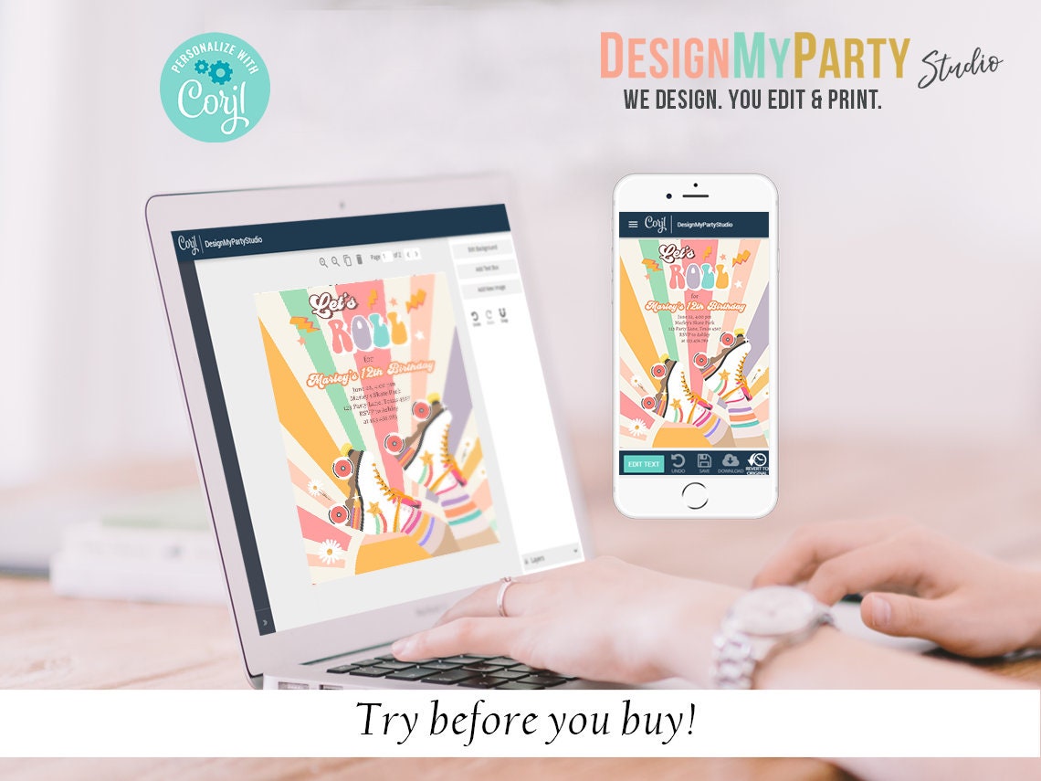 Retro Roller Skate Birthday Party Invitation Bundle Let&#39;s Roll Invite Kit Package Roller Rink 70&#39;s Skating Kit Printable Corjl Template 0435