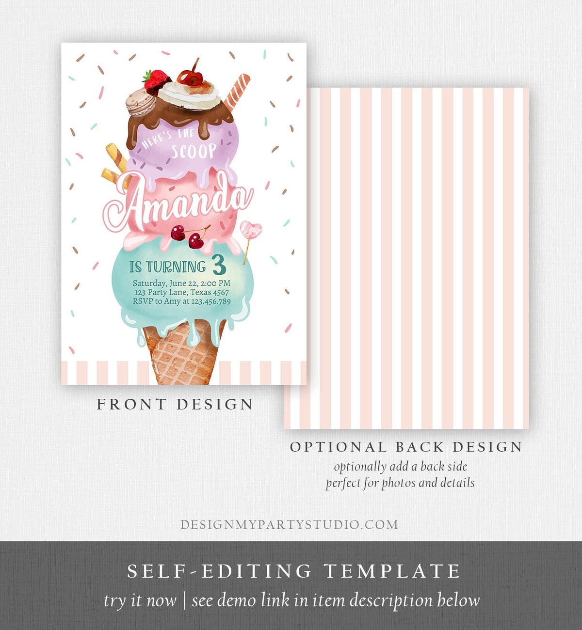 Editable Ice Cream Birthday Invitation Here's the Scoop Invite Cone Ice Cream Party 1st Pink Mint Purple Printable Template Corjl 0392