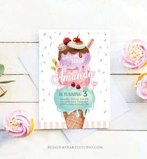 Editable Ice Cream Birthday Invitation Here's the Scoop Invite Cone Ice Cream Party 1st Pink Mint Purple Printable Template Corjl 0392