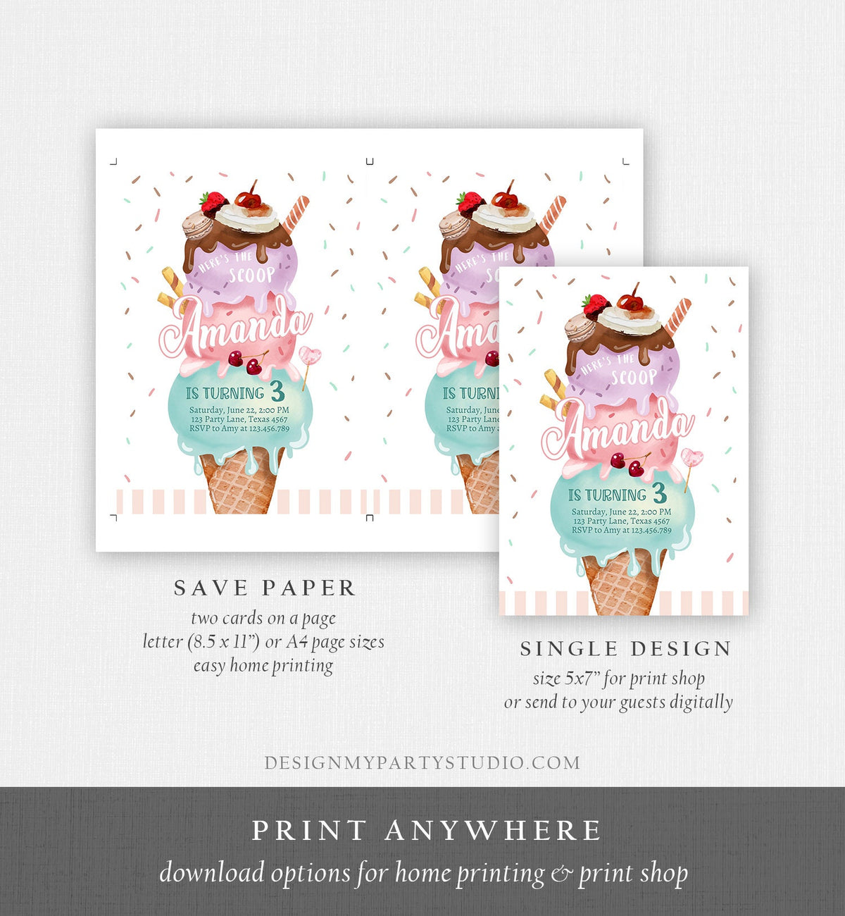 Editable Ice Cream Birthday Invitation Here's the Scoop Invite Cone Ice Cream Party 1st Pink Mint Purple Printable Template Corjl 0392