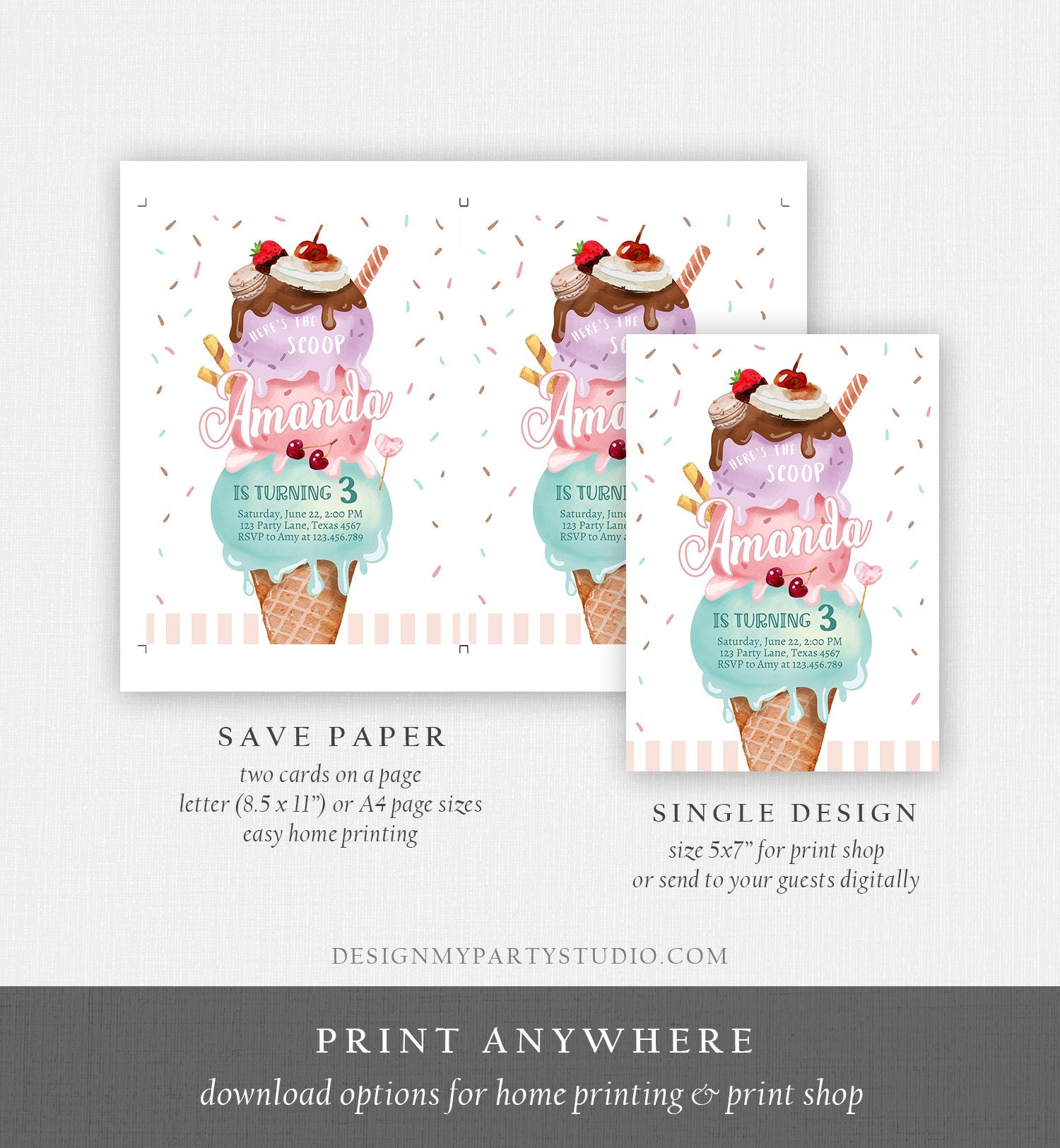 Editable Ice Cream Birthday Invitation Here's the Scoop Invite Cone Ice Cream Party 1st Pink Mint Purple Printable Template Corjl 0392