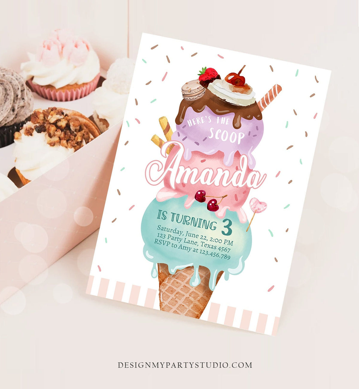 Editable Ice Cream Birthday Invitation Here's the Scoop Invite Cone Ice Cream Party 1st Pink Mint Purple Printable Template Corjl 0392