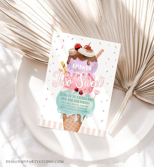 Editable Ice Cream Birthday Invitation Ice Cream Party Two Sweet Modern 2nd Birthday Party Second Download Printable Template Corjl 0392