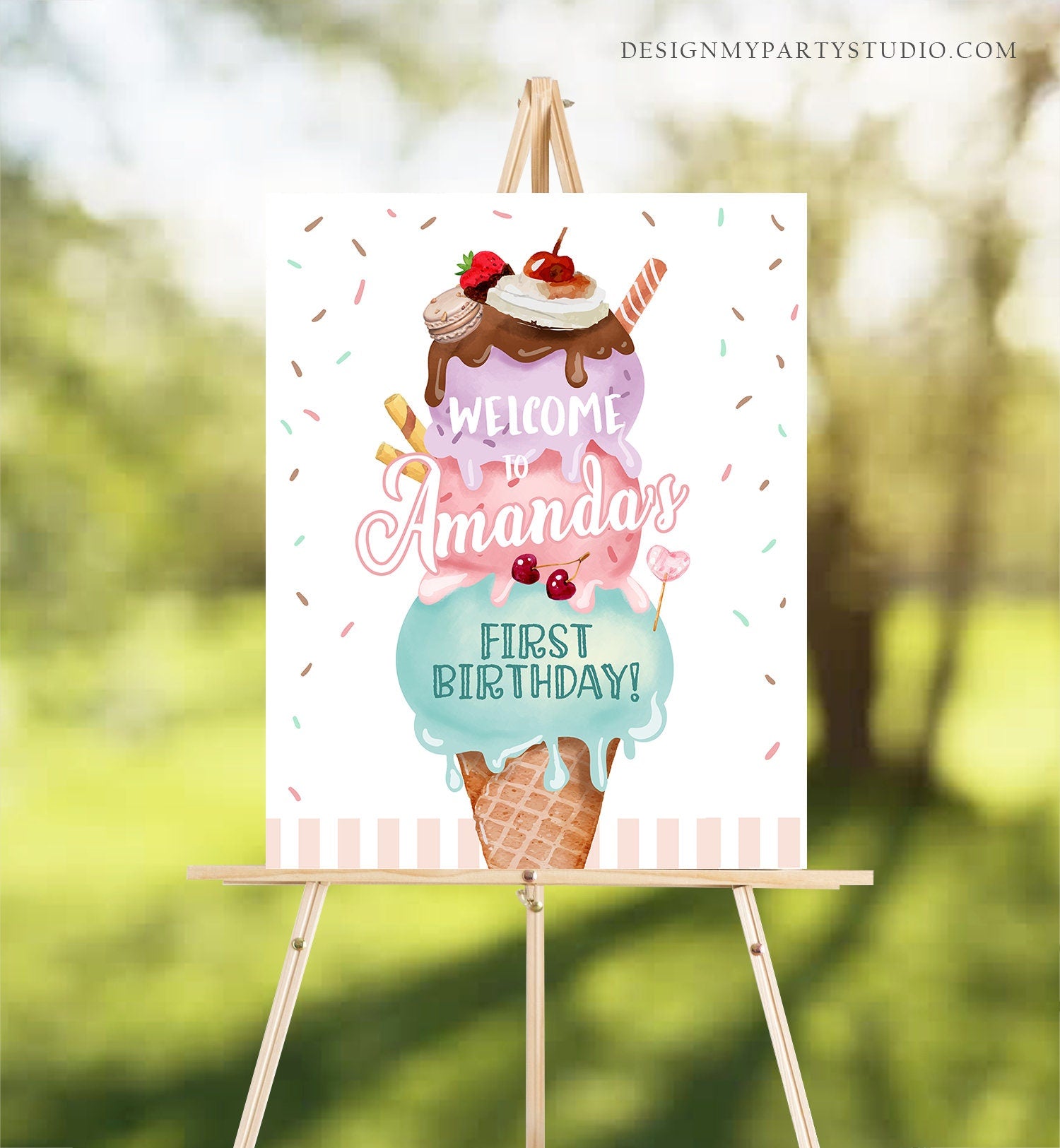Editable Ice Cream Party Welcome Sign Ice Cream Birthday Welcome Scoop Girl Pink Purple Two Sweet Cream Shop Digital Template Printable 0392