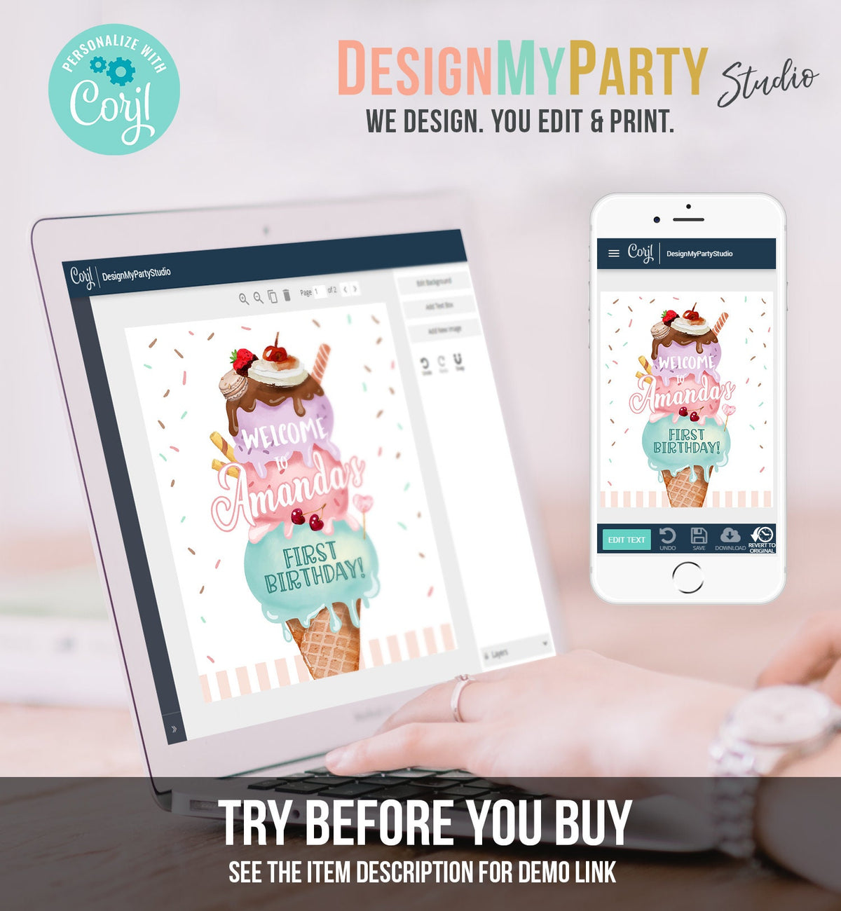 Editable Ice Cream Party Welcome Sign Ice Cream Birthday Welcome Scoop Girl Pink Purple Two Sweet Cream Shop Digital Template Printable 0392