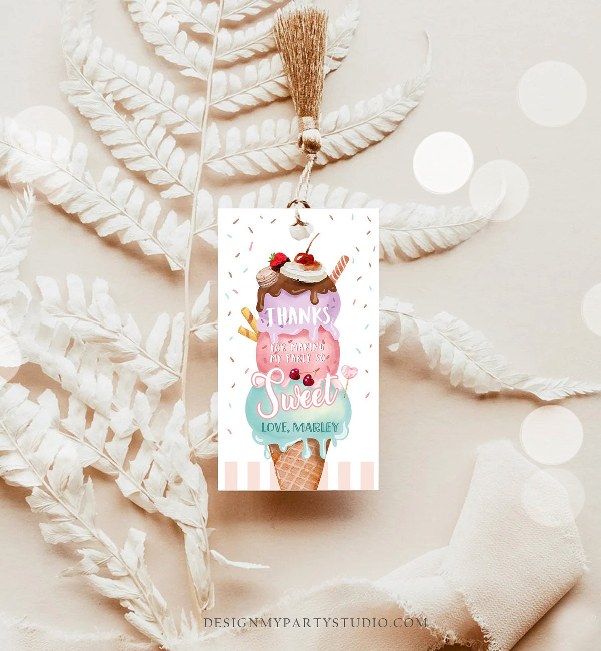 Editable Ice Cream Favor Thank You Tags Ice Cream Birthday Party Girl Pink Purple Gift Goodie Bag Scoop Digital Template Printable 0392