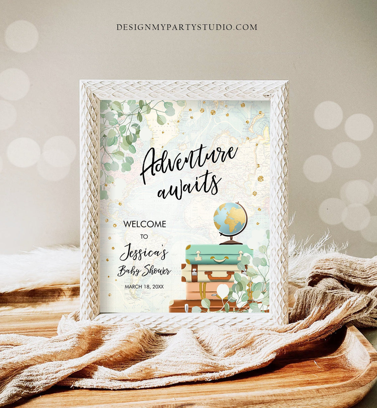 Editable Adventure Awaits Welcome Sign Baby Shower Traveling Around the World Travel Adventure Bridal Shower Floral Blue Corjl Template 0030