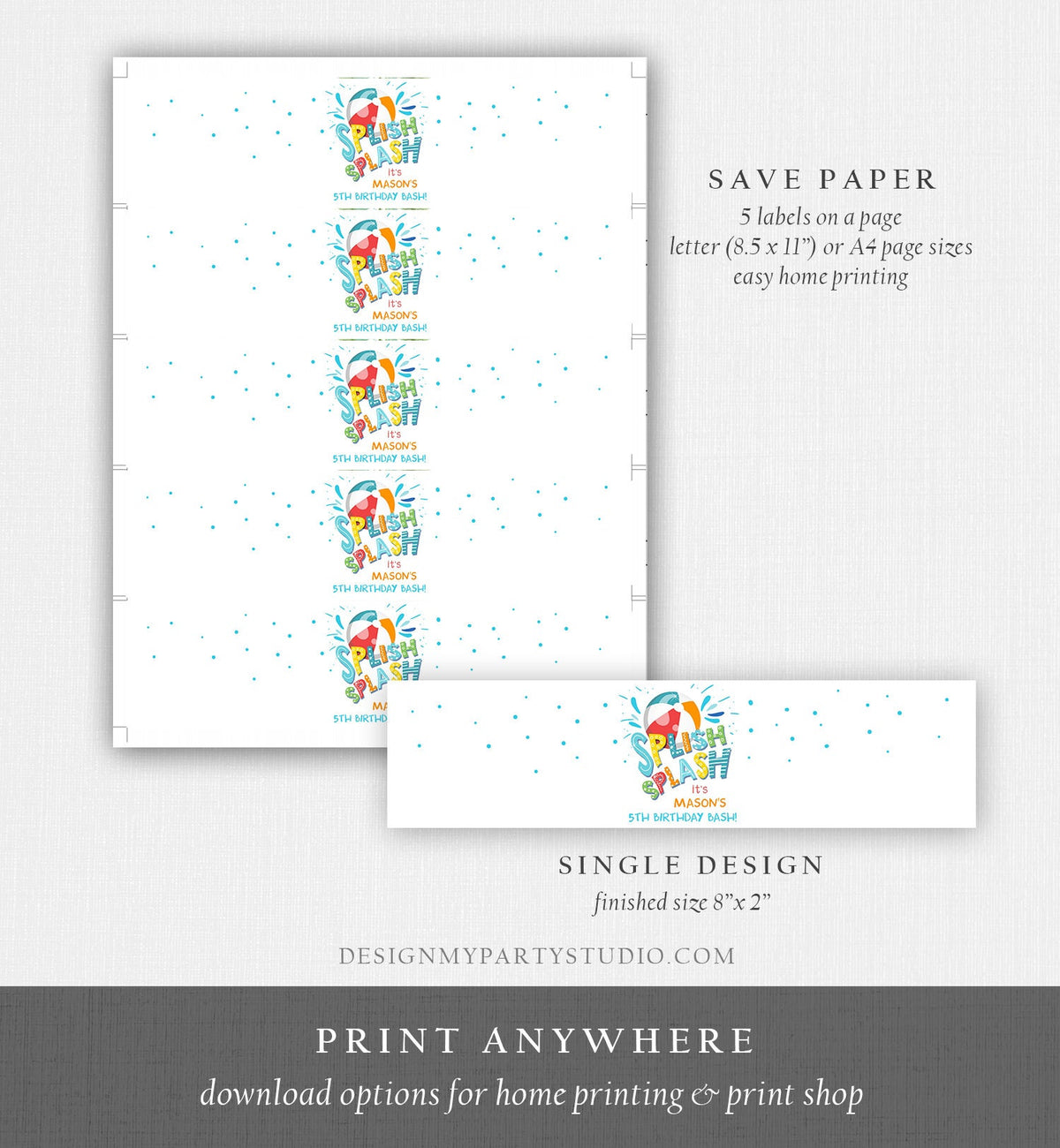 Editable Pool Party Water Bottle Labels Splish Splash Birthday Party Decor Pool Party Beach Ball Bash Download Printable Template Corjl 0169