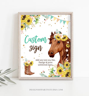 Editable Custom Horse Birthday Party Sign Saddle Up Cowgirl Party Sign Sunflowers Horse Girl Table Sign 8x10 Corjl Template Printable 0408