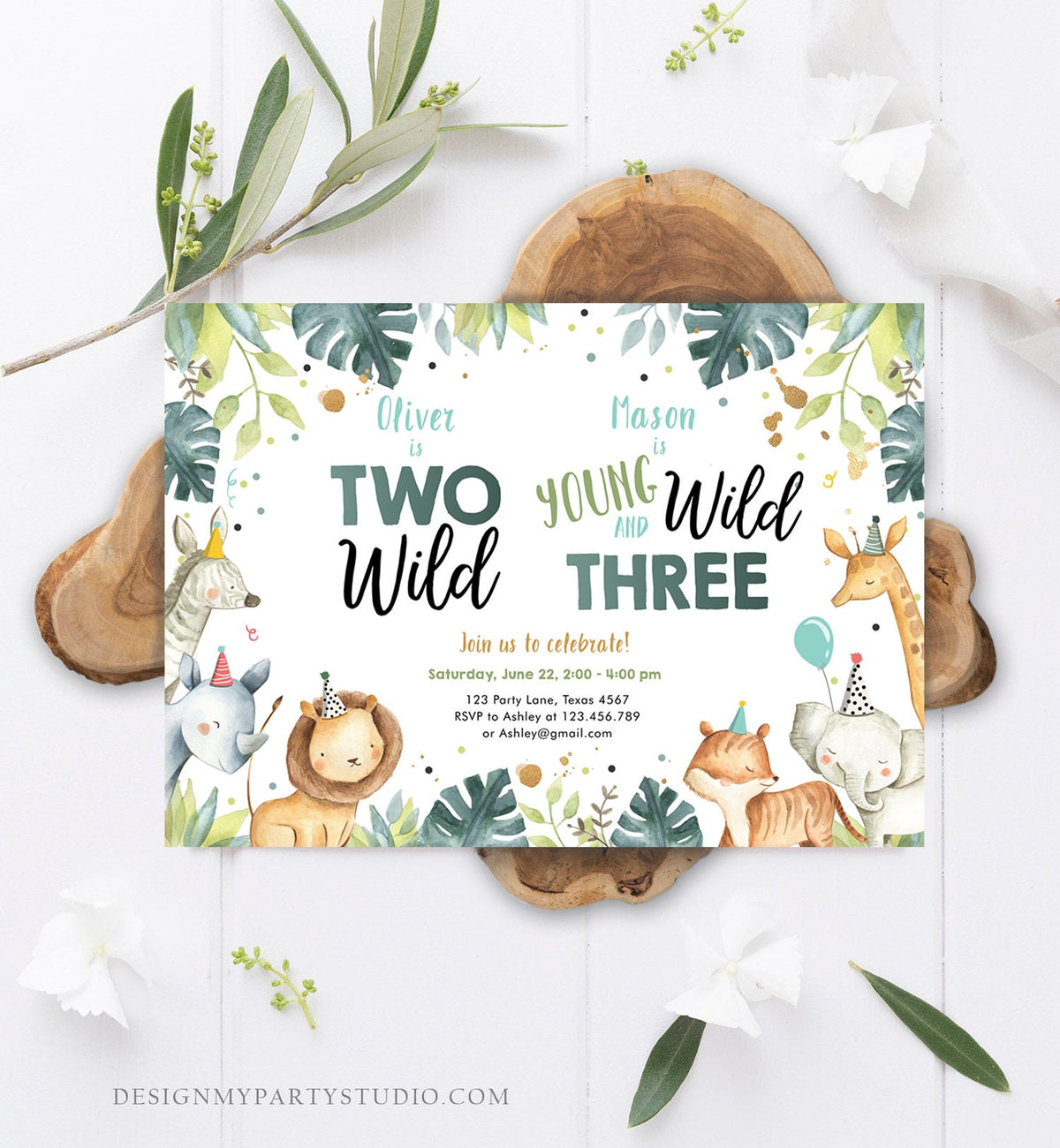 Editable Safari Animals Joint Birthday Invitation Boys Two Wild and Three Combined Zoo 2nd 3rd Second Third Template Digital Corjl 0163