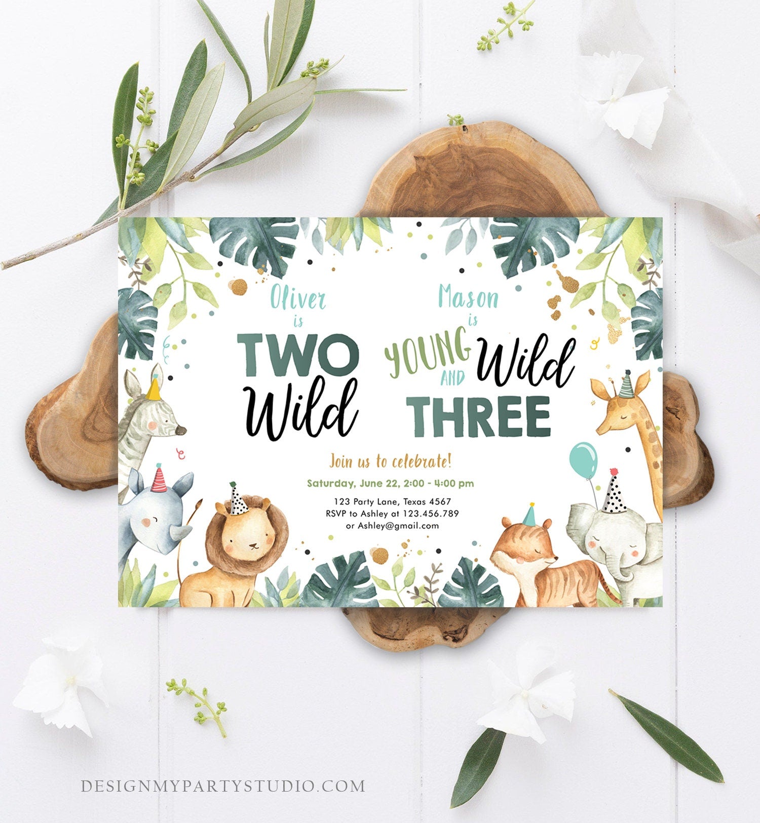 Editable Safari Animals Joint Birthday Invitation Boys Two Wild and Three Combined Zoo 2nd 3rd Second Third Template Digital Corjl 0163