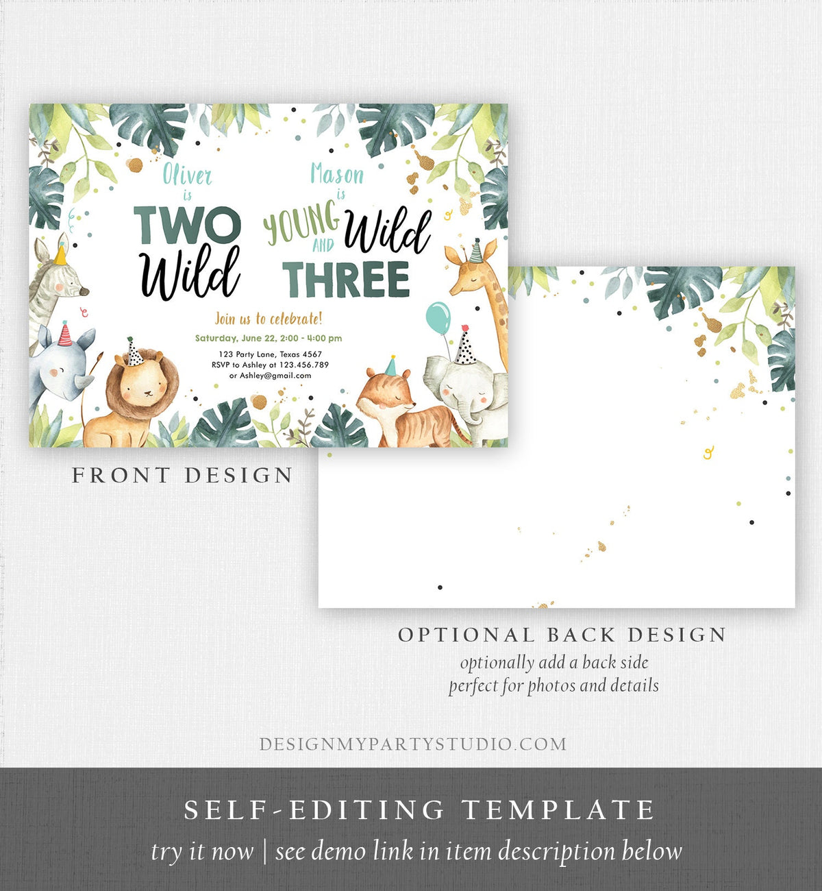 Editable Safari Animals Joint Birthday Invitation Boys Two Wild and Three Combined Zoo 2nd 3rd Second Third Template Digital Corjl 0163