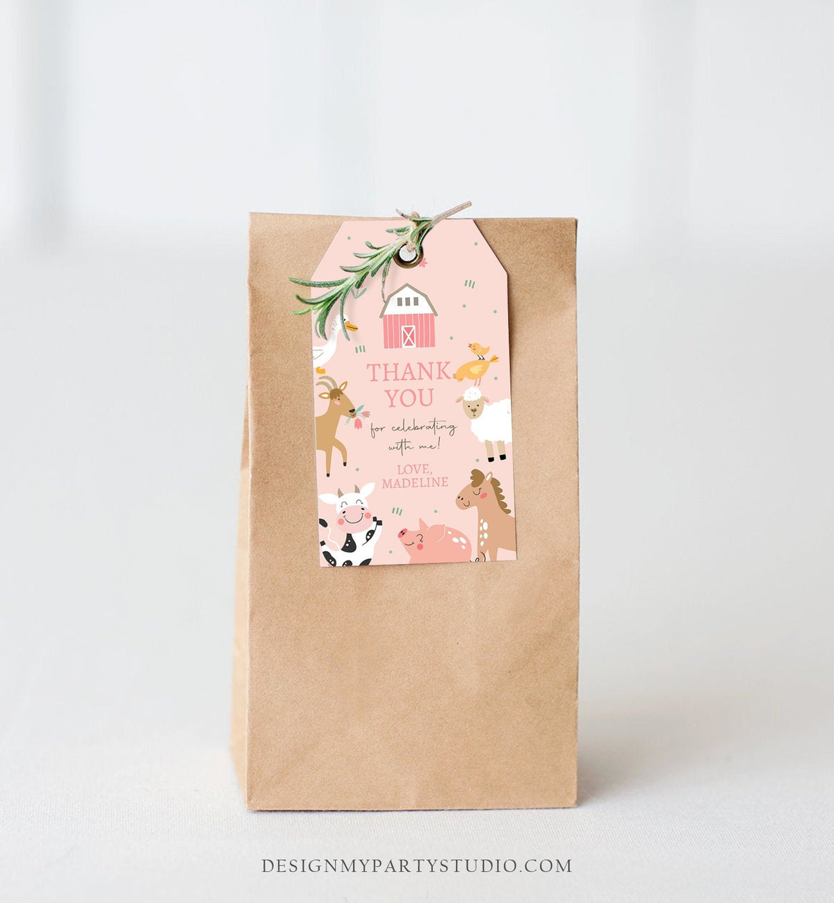 Editable Farm Animals Favor Tag Pink Farm Birthday Thank You Barnyard Gift Girl Party Animals Old McDonald Digital Template Printable 0436