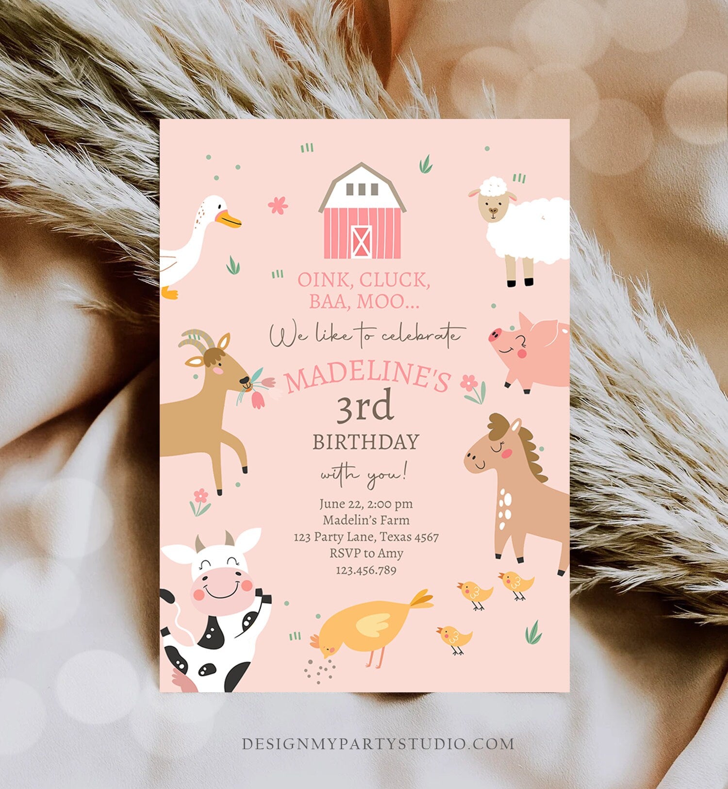 Editable Farm Birthday Invitation Girl Farm Animals Pink Barnyard Party Modern Pastel Download Printable Invite Template Digital Corjl 0436