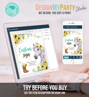 Editable Custom Horse Birthday Party Sign Saddle Up Cowgirl Party Sign Sunflowers Horse Girl Table Sign 8x10 Corjl Template Printable 0408