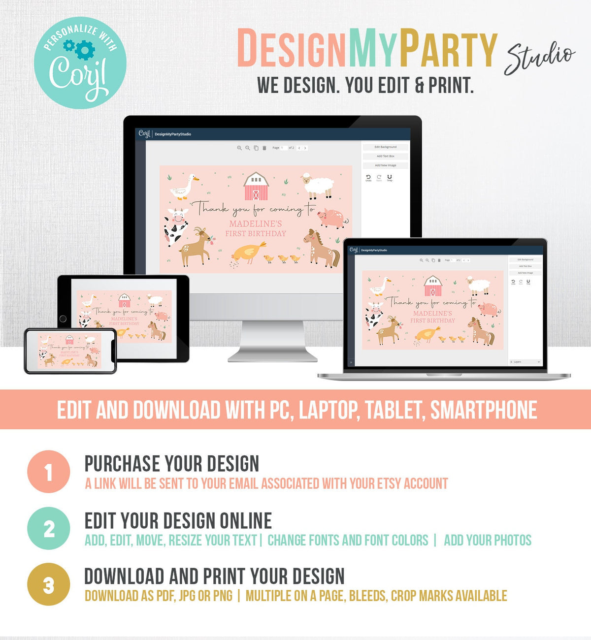 Editable Farm Animals Gable Gift Box Label Pink Farm Birthday Girl Treat Box Label Pink Barnyard Party Modern Digital Printable Corjl 0436