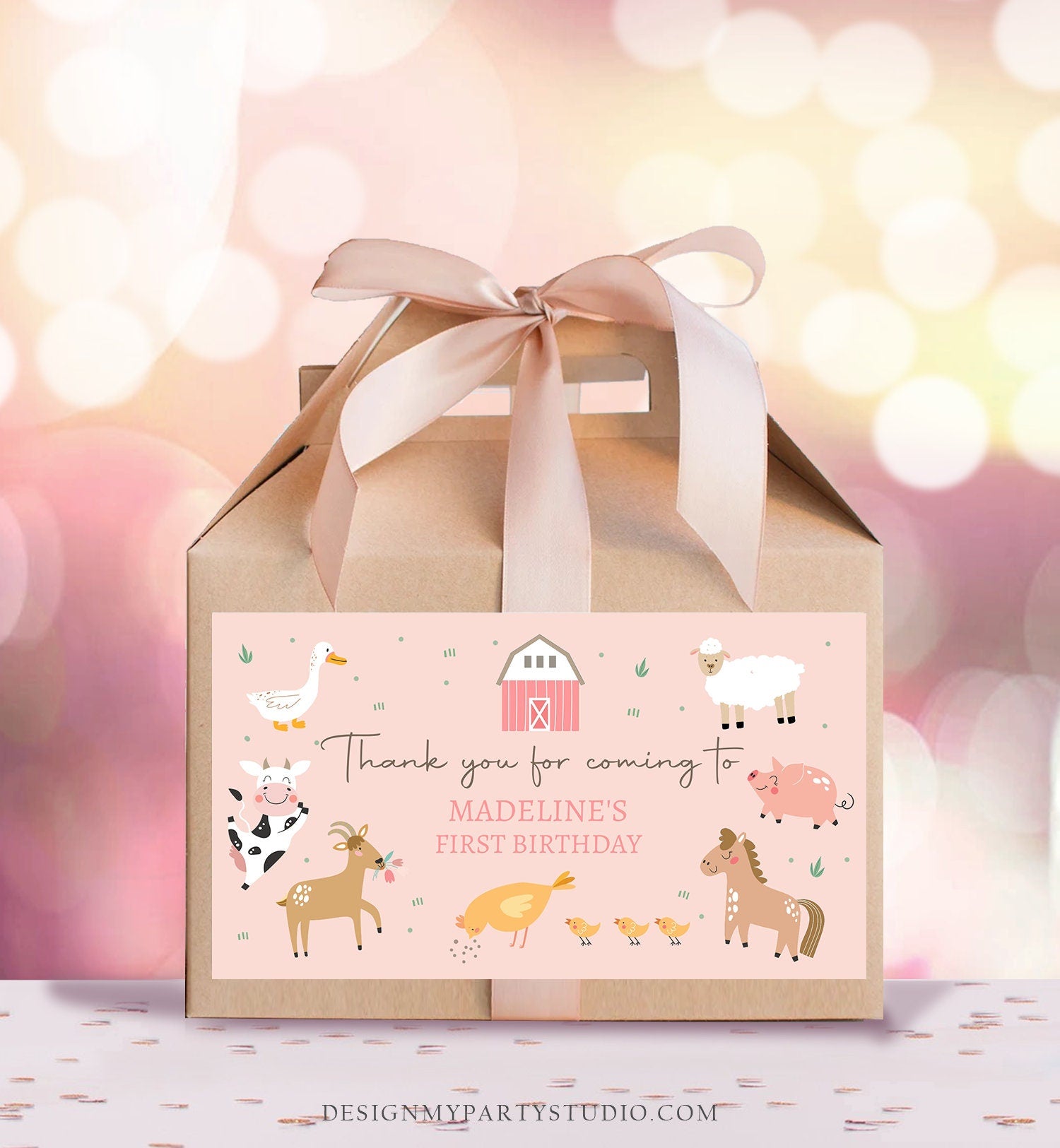 Editable Farm Animals Gable Gift Box Label Pink Farm Birthday Girl Treat Box Label Pink Barnyard Party Modern Digital Printable Corjl 0436