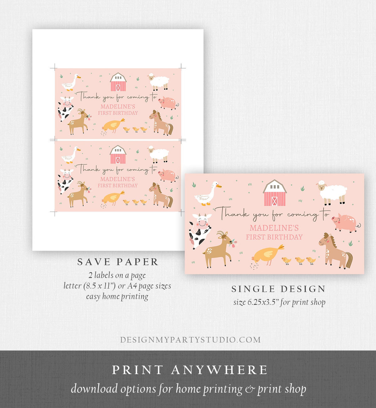 Editable Farm Animals Gable Gift Box Label Pink Farm Birthday Girl Treat Box Label Pink Barnyard Party Modern Digital Printable Corjl 0436