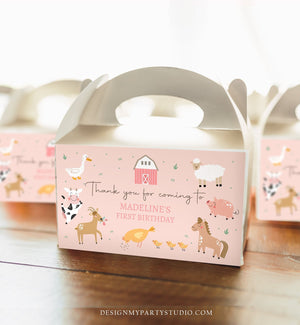 Editable Farm Animals Gable Gift Box Label Pink Farm Birthday Girl Treat Box Label Pink Barnyard Party Modern Digital Printable Corjl 0436