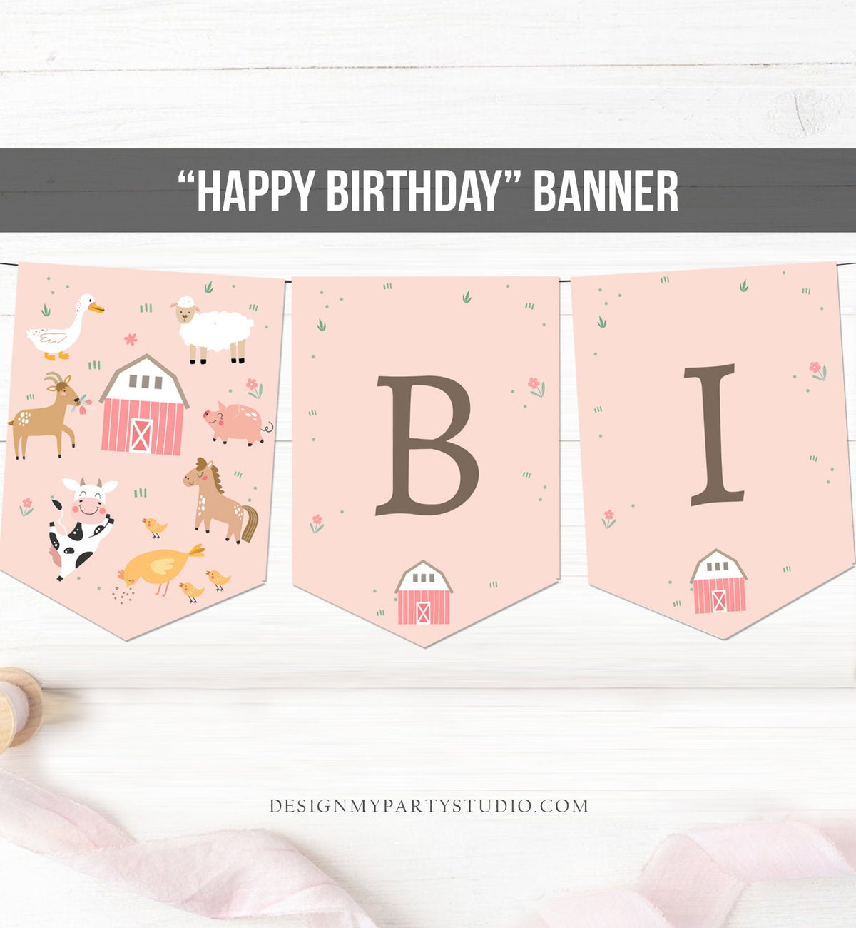 Happy Birthday Banner Pink Farm Birthday Banner Farm Animals Girl Barnyard Birthday Decorations Instant Download PRINTABLE DIGITAL DIY 0436