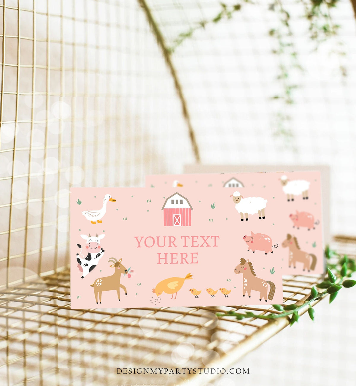 Editable Farm Animals Food Label Barnyard Birthday Food Tent Card Insert Girl Pink Farm Cow Buffet Label Tent Card Template Printable 0436
