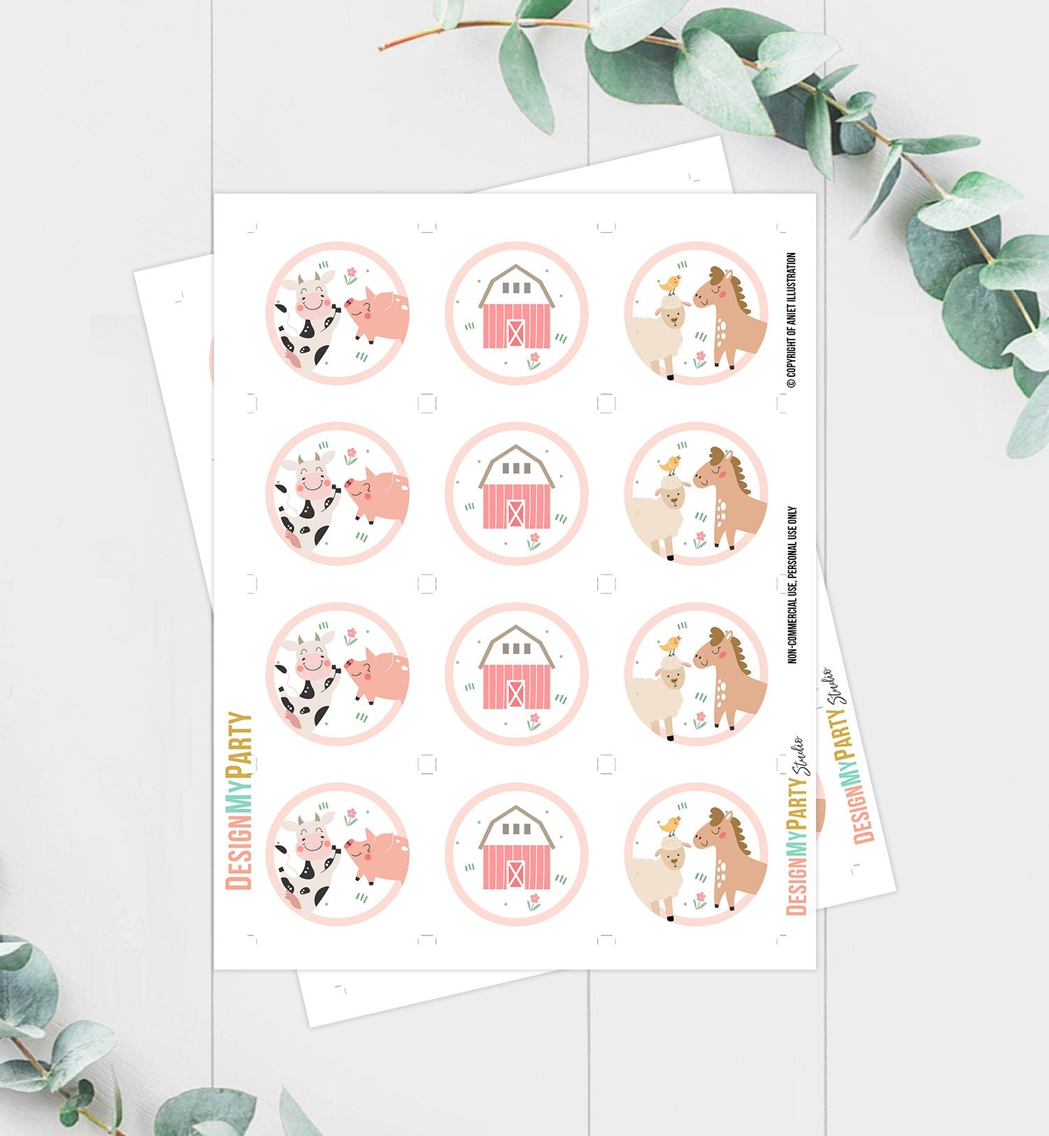 Pink Farm Birthday Cupcake Toppers Favor Tags Barnyard Birthday Party Decor Girl Farm Animals Sticker Modern Digital Download Printable 0436