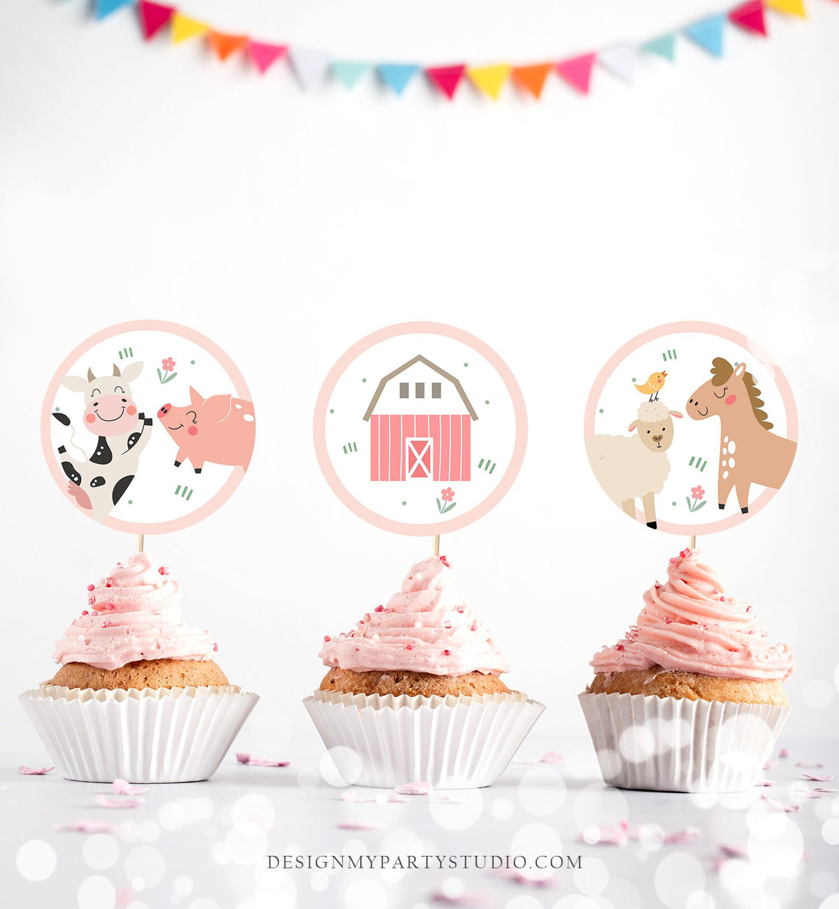 Pink Farm Birthday Cupcake Toppers Favor Tags Barnyard Birthday Party Decor Girl Farm Animals Sticker Modern Digital Download Printable 0436