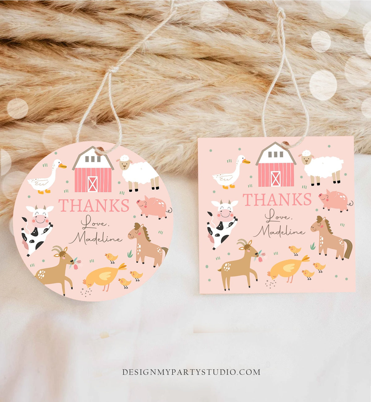 Editable Pink Farm Animals Thank you Tags Girl Birthday Barnyard Stickers Farm Birthday Decor Pink Favor Tags Cow Pig Template Corjl 0436