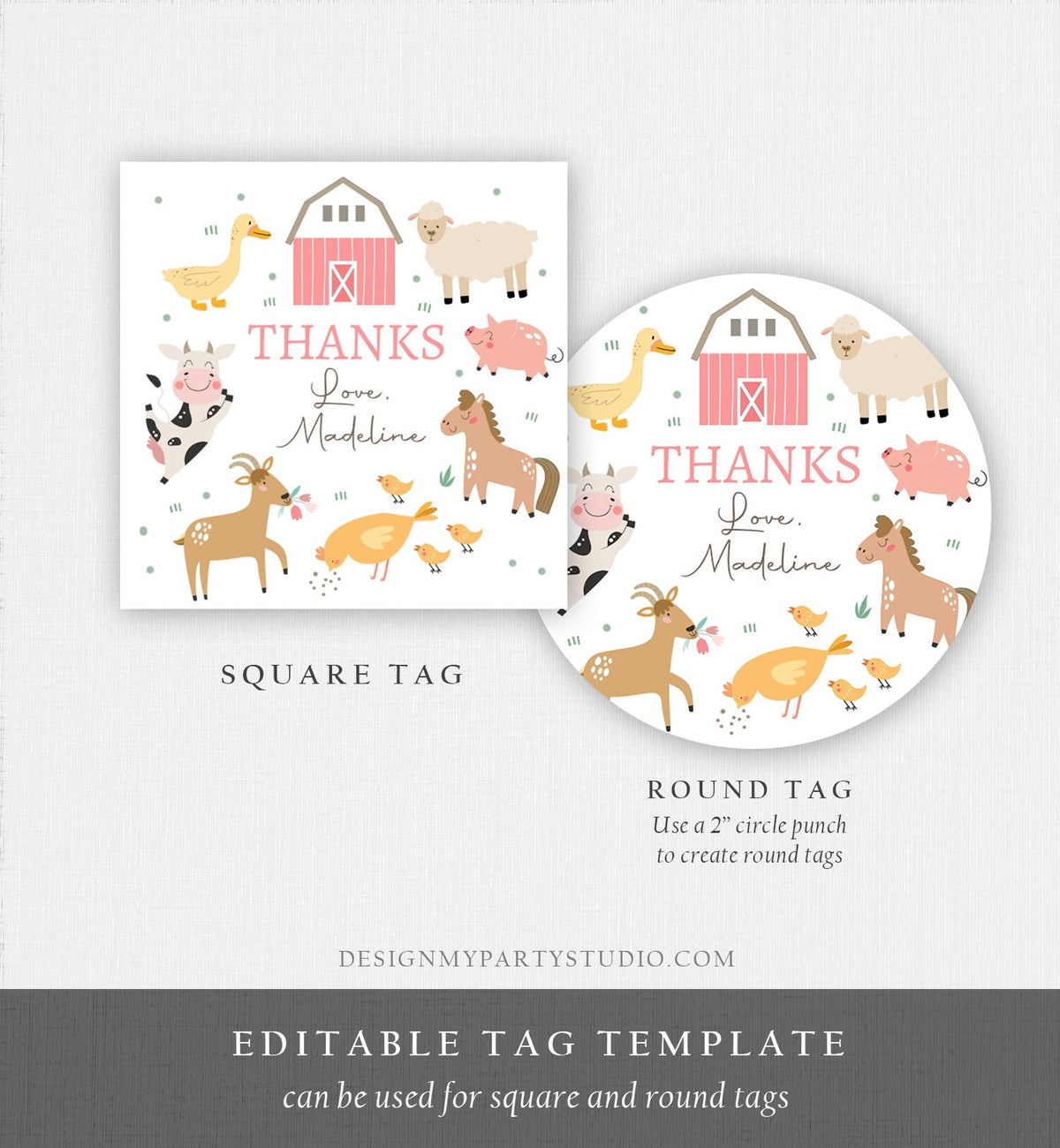 Editable Pink Farm Animals Thank You Favor Tag Girl Birthday Barnyard Stickers Decor Pink Favor Cow Pig Digital Template Printable 0436