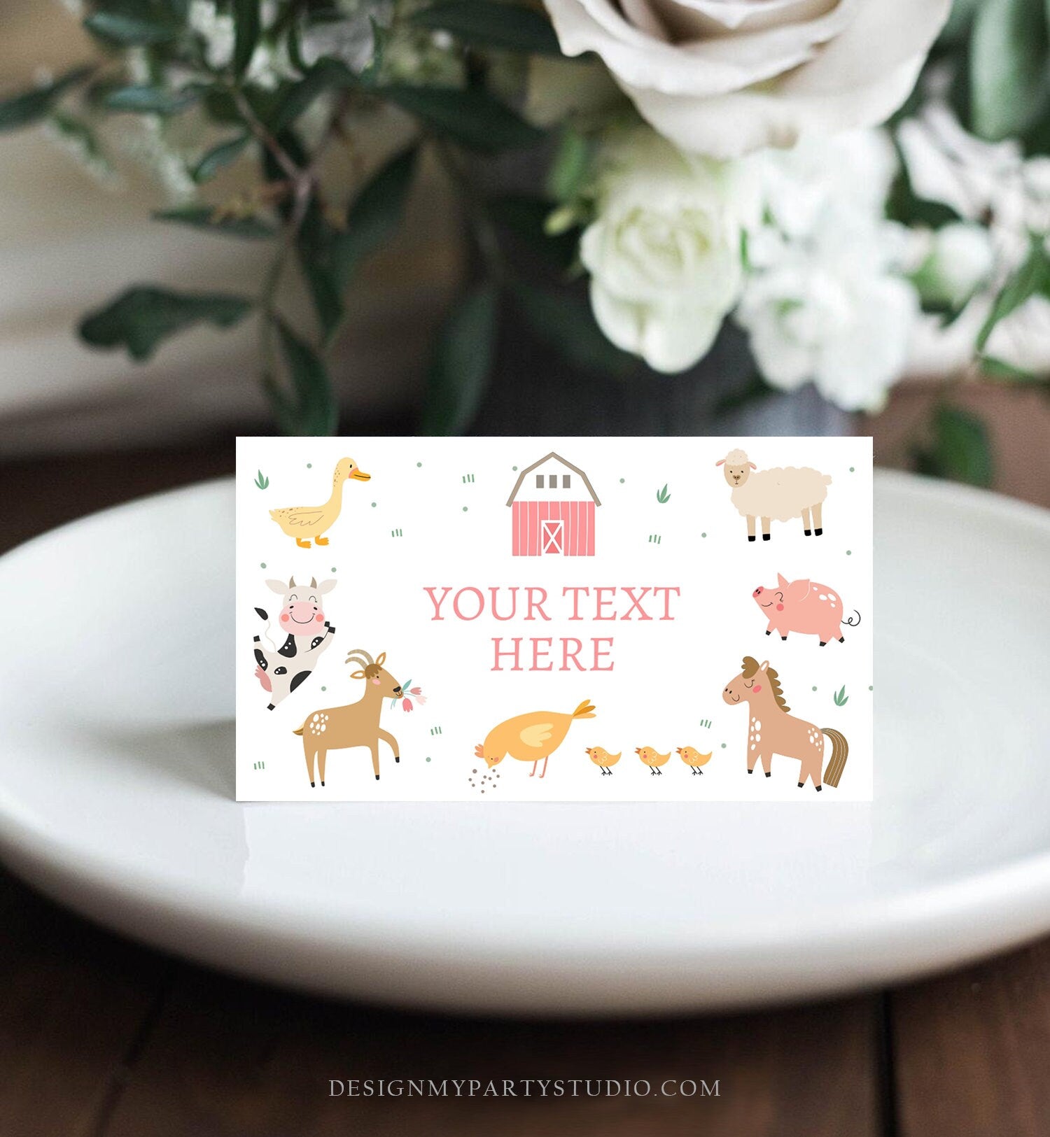 Editable Farm Animals Food Labels Barnyard Birthday Food Card Tent Card Girl Pink Farm Buffet Label Tent Card Corjl Template Printable 0436