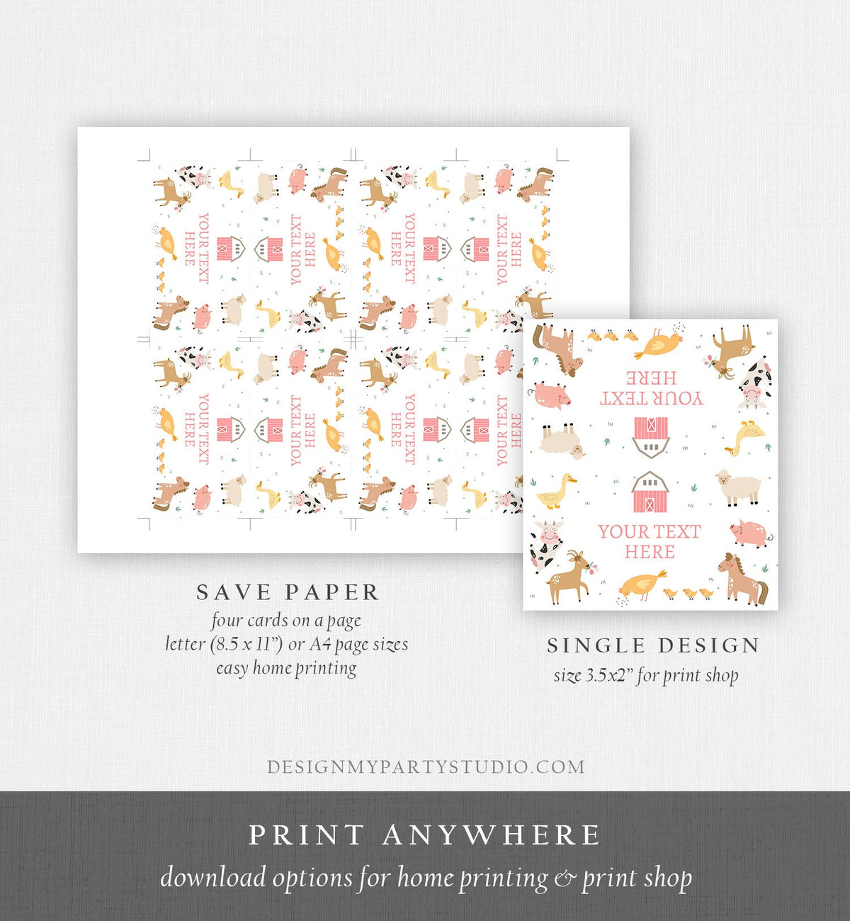 Editable Farm Animals Food Labels Barnyard Birthday Food Card Tent Card Girl Pink Farm Buffet Label Card Digital Template Printable 0436
