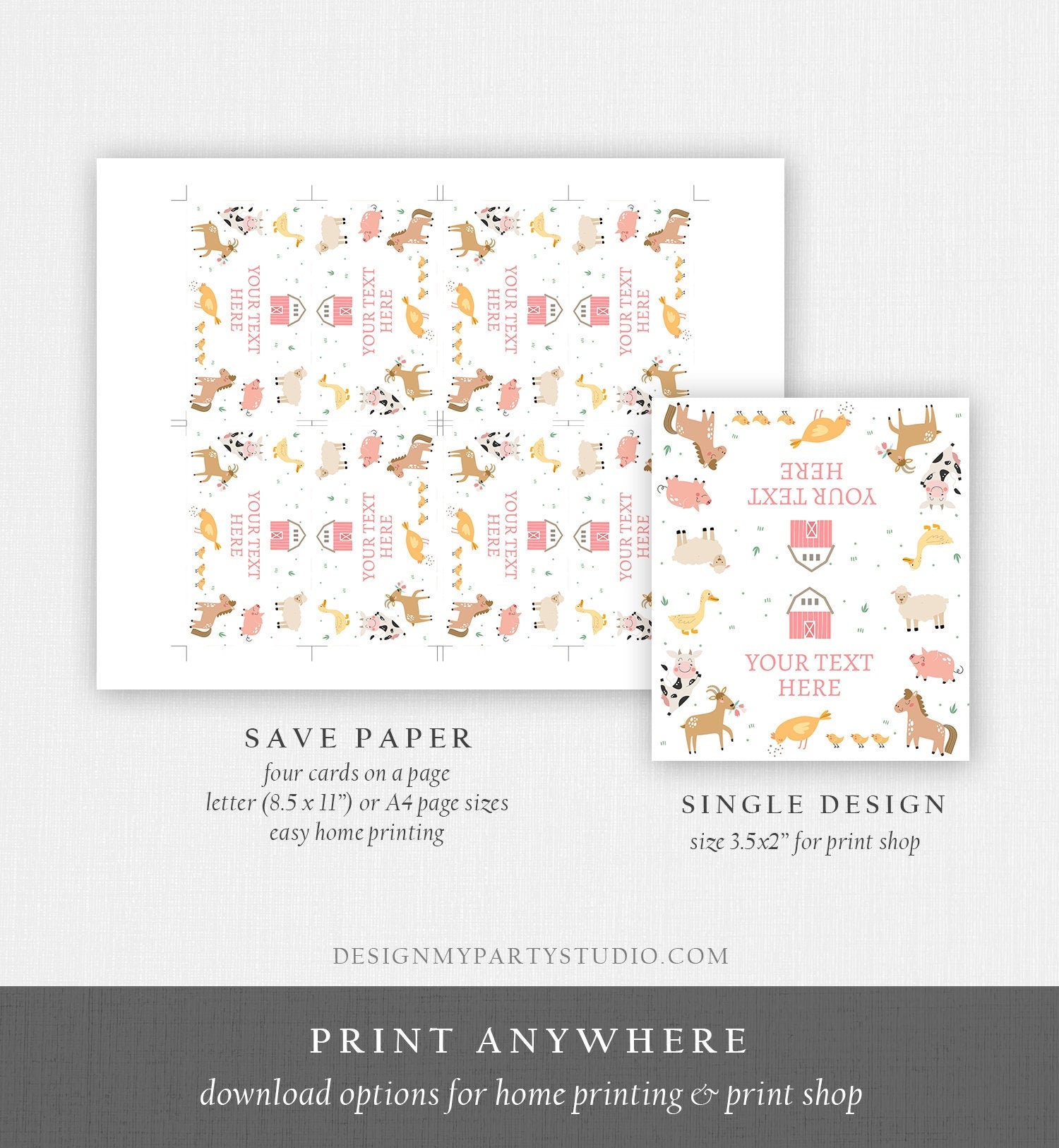 Editable Farm Animals Food Labels Barnyard Birthday Food Card Tent Card Girl Pink Farm Buffet Label Card Digital Template Printable 0436