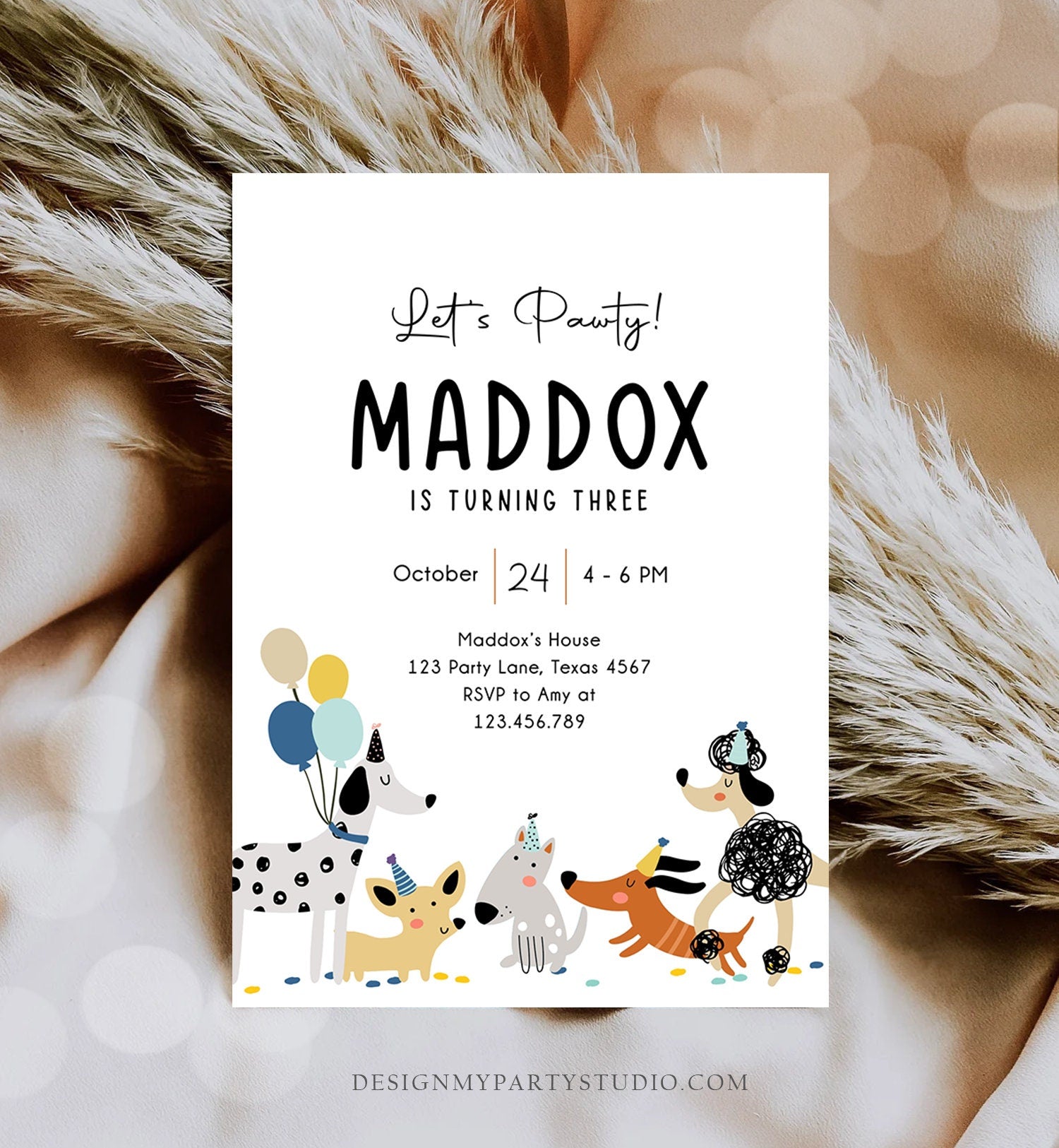 Editable Dog Birthday Party Invitation Puppy Birthday Invite Boy Pawty Birthday Animal Pet Vet Woof Download Printable Template Evite 0429
