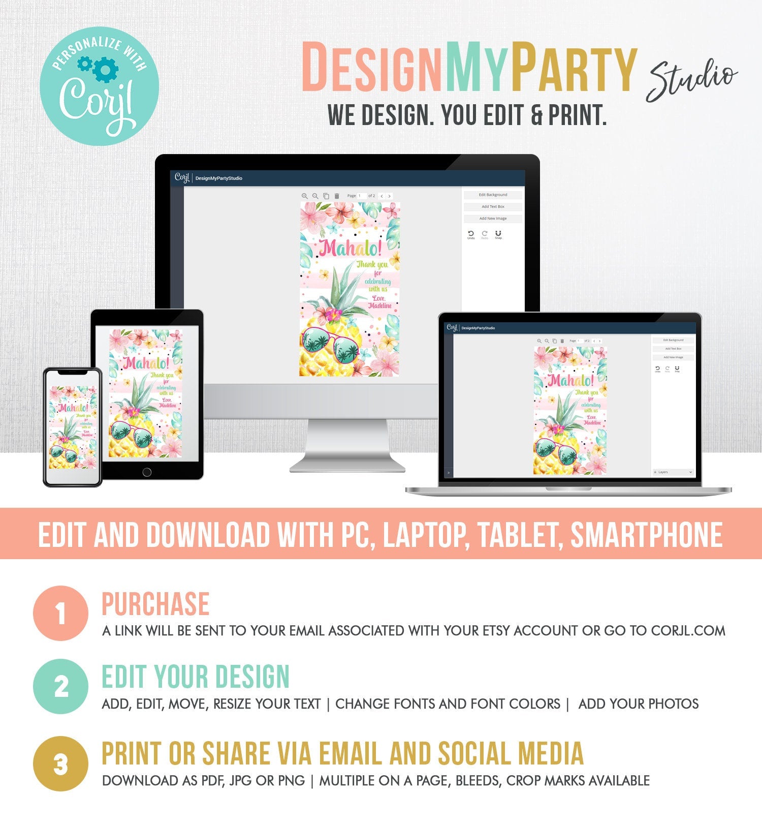 Editable Mahola Aloha Hawaiian Favor Tag Luau Birthday Party Pineapple Favor Tag Mahalo Pool Party Pink Girl Digital Template Printable 0391