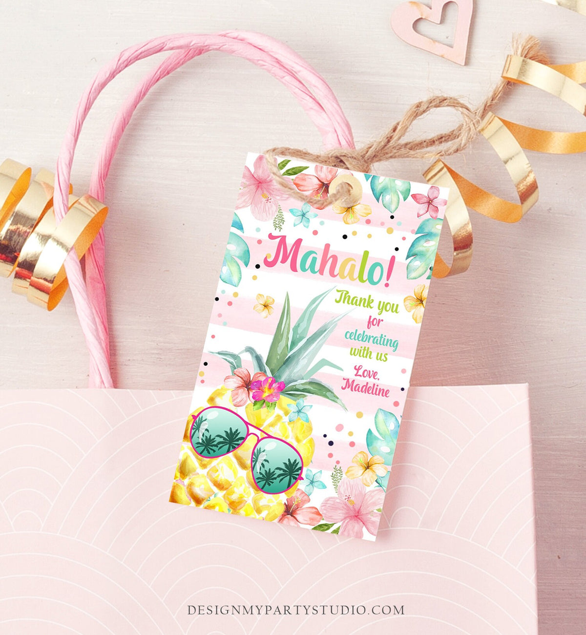 Editable Mahola Aloha Hawaiian Favor Tag Luau Birthday Party Pineapple Favor Tag Mahalo Pool Party Pink Girl Digital Template Printable 0391