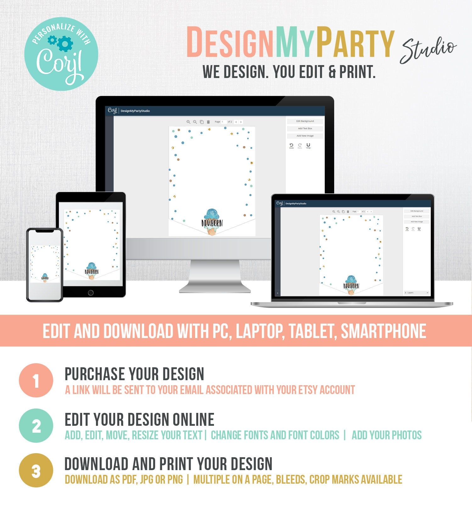 Editable Ice Cream Monthly Photo Banner First Birthday Boy Blue Brown Mint Sweet One Decor Digital Download Template Printable 0243