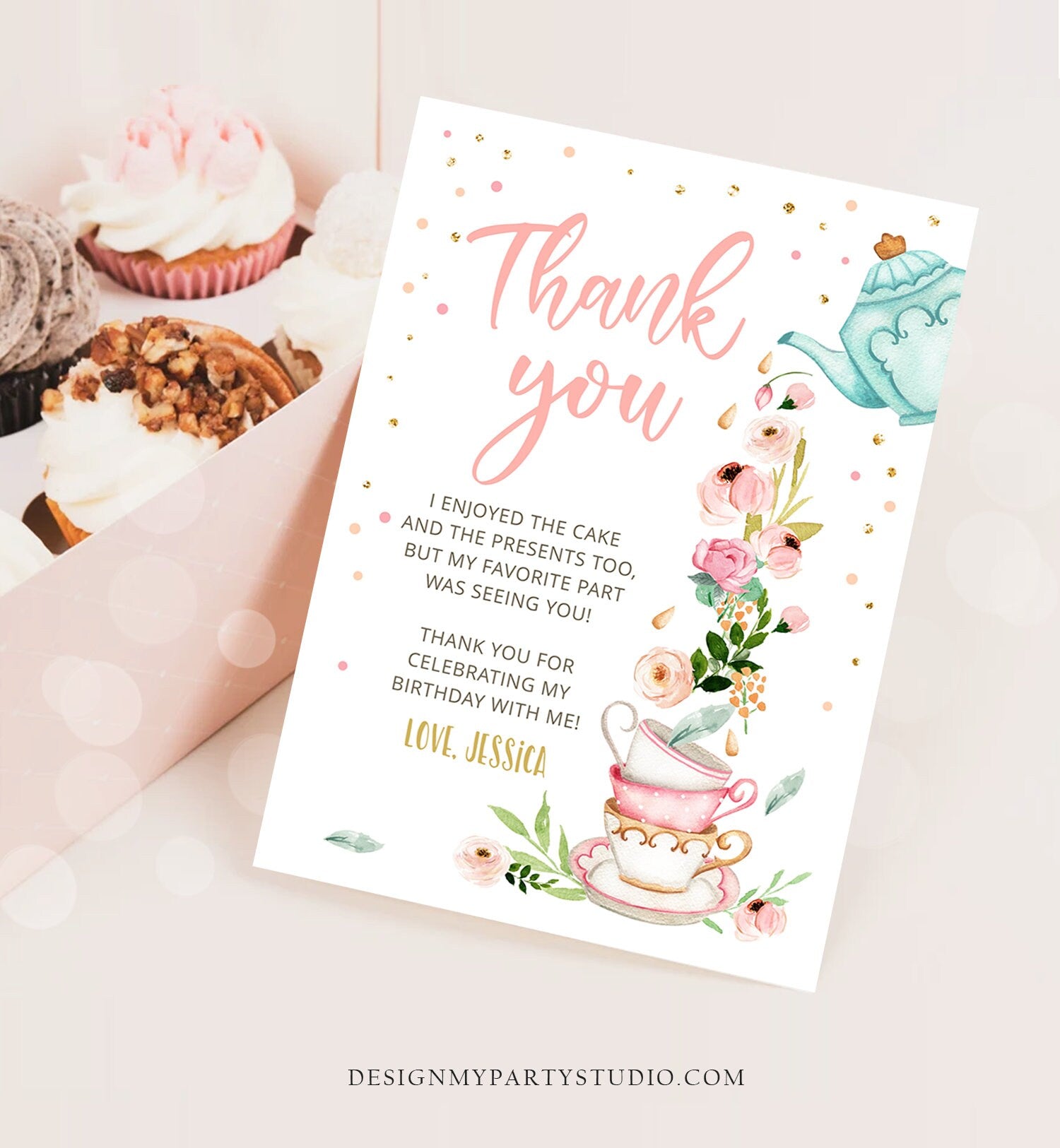 Editable Tea Party Thank you Card Floral Tea Birthday Baby Shower Girl Pink Tea Birthday Tea for Two PRINTABLE Download Corjl Template 0349