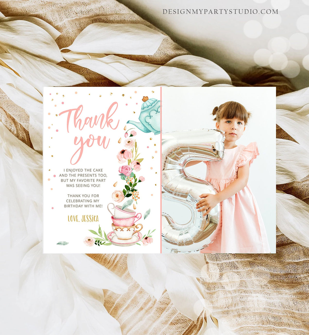 Editable Tea Party Thank you Card Floral Tea Birthday Baby Shower Girl Pink Tea Birthday Tea for Two PRINTABLE Download Corjl Template 0349