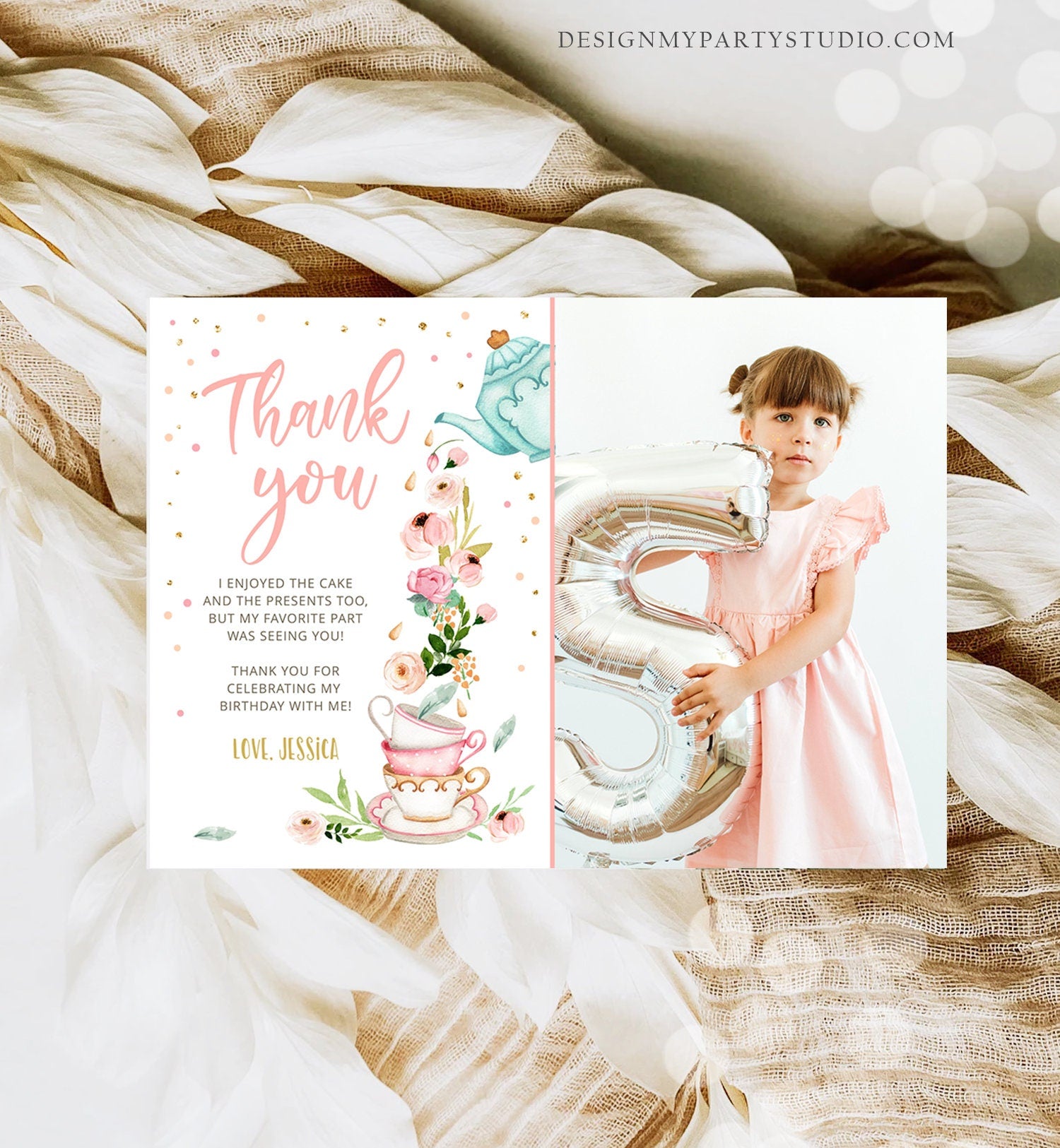 Editable Tea Party Thank you Card Floral Tea Birthday Baby Shower Girl Pink Tea Birthday Tea for Two PRINTABLE Download Corjl Template 0349