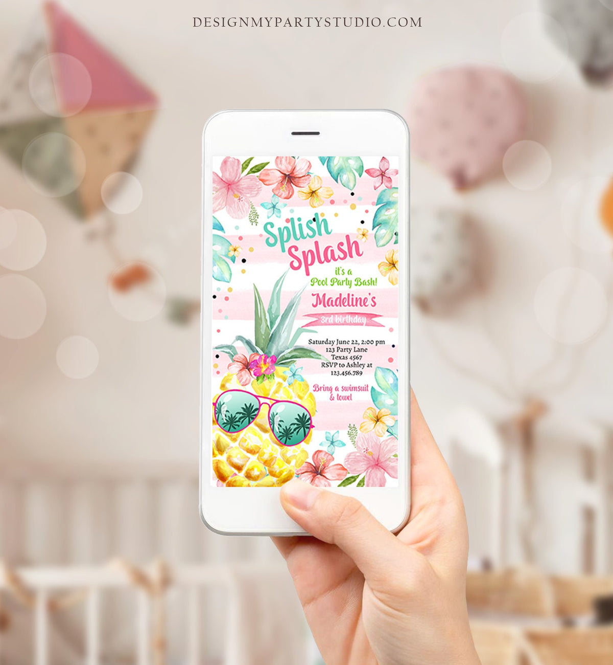 Editable Hawaiian Luau Birthday Evite Pineapple Birthday Pool Party Pink Girl Electronic Phone Digital Download Template Printable 0391